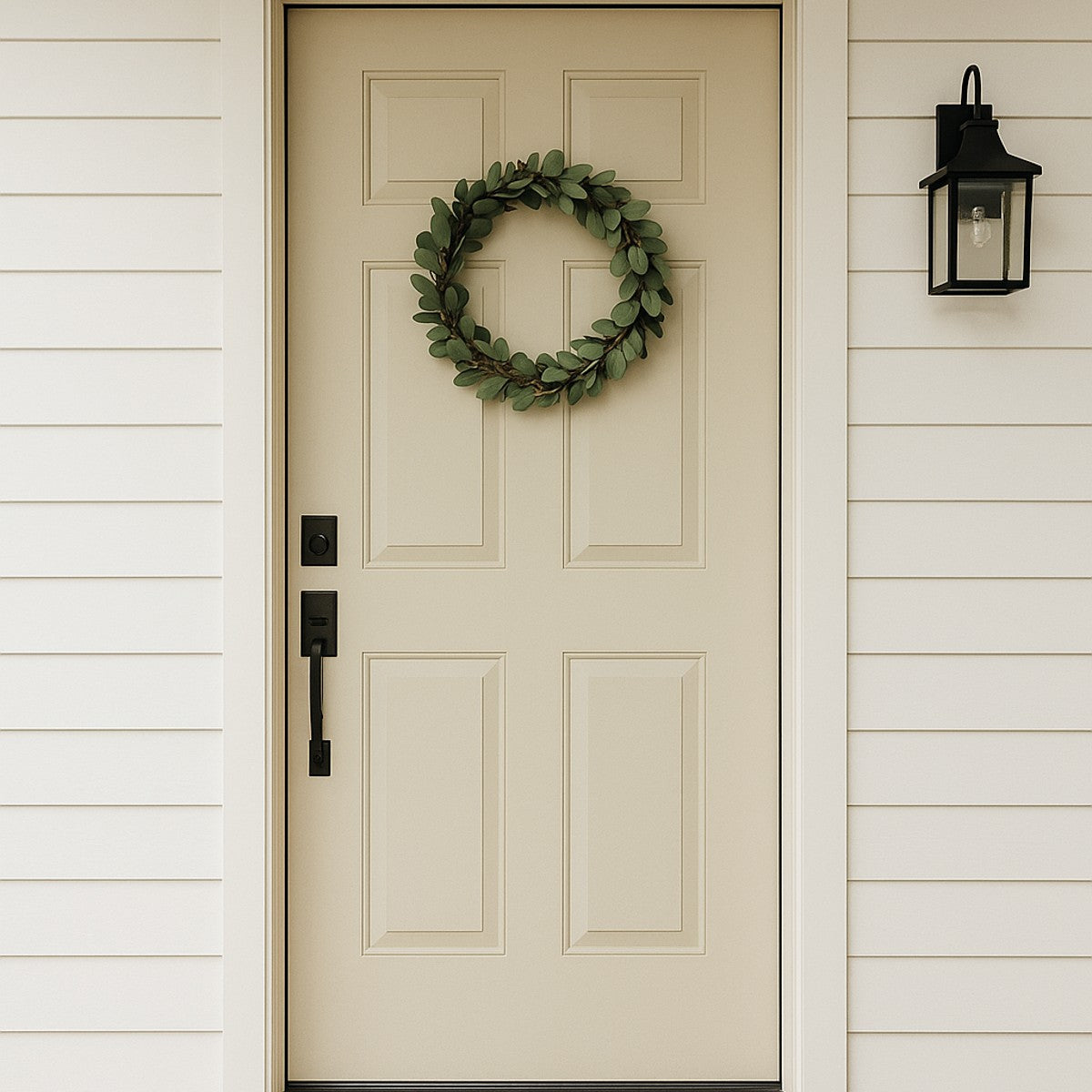 Neutral entryway décor — wreath and doormat.
