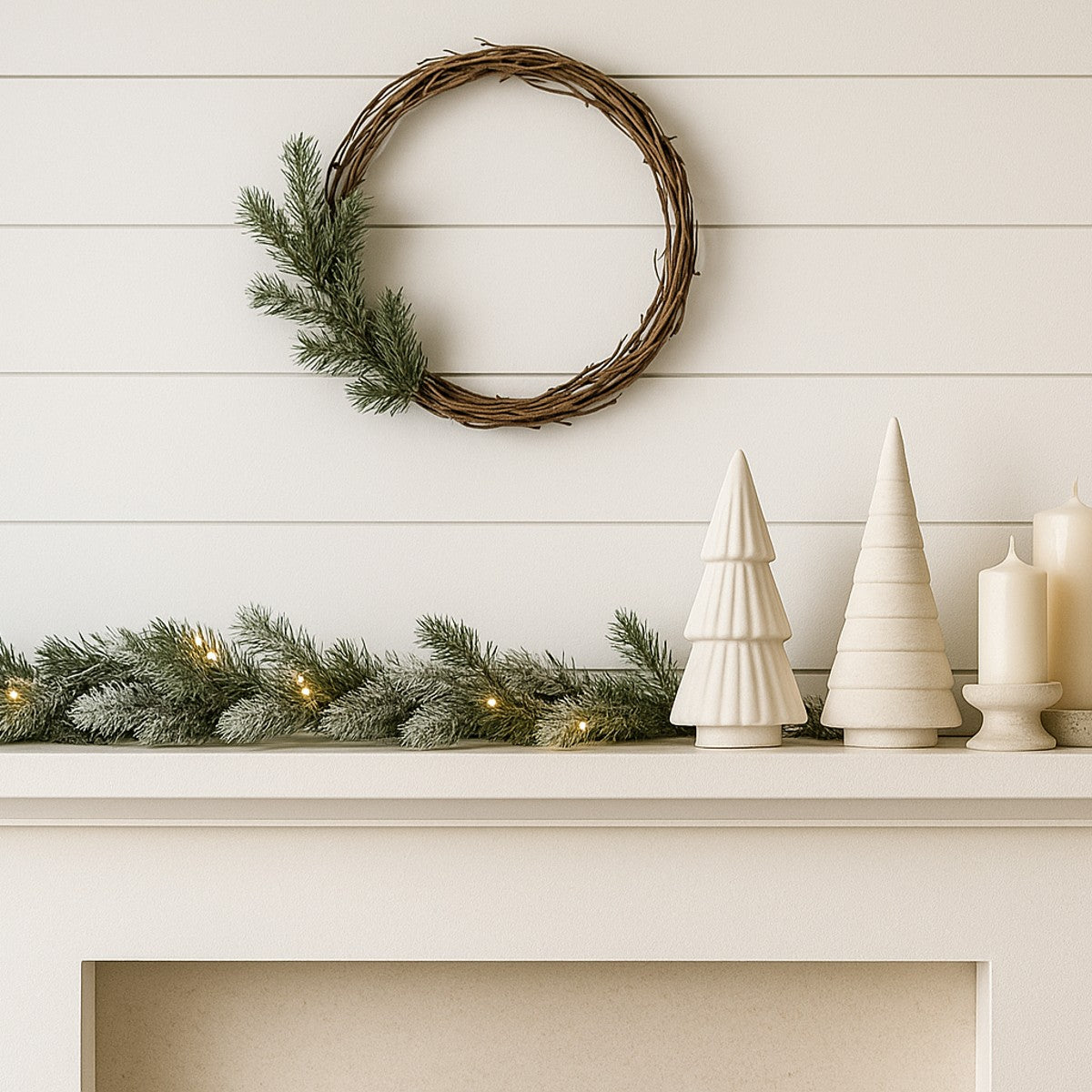 Minimal mantel — ceramic trees and candles.