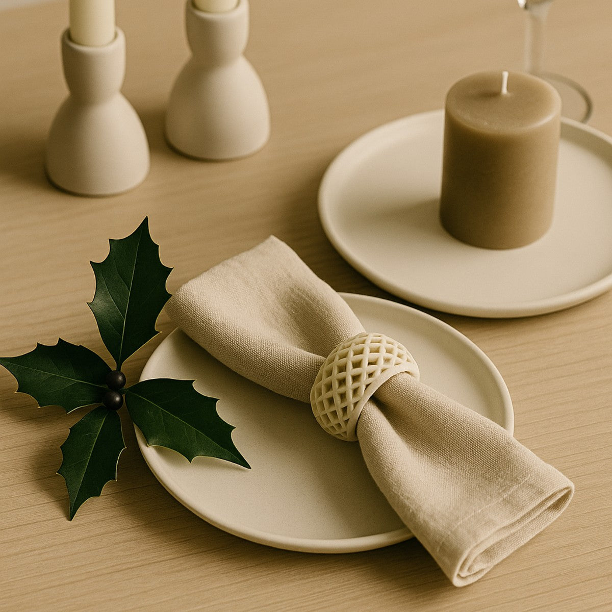 Simple tabletop — stoneware plate and taper holders.