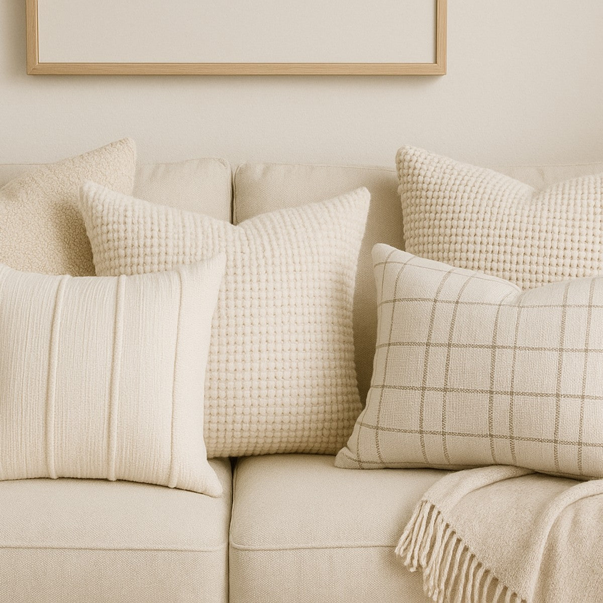 Cozy textiles — pillows and knit throw.