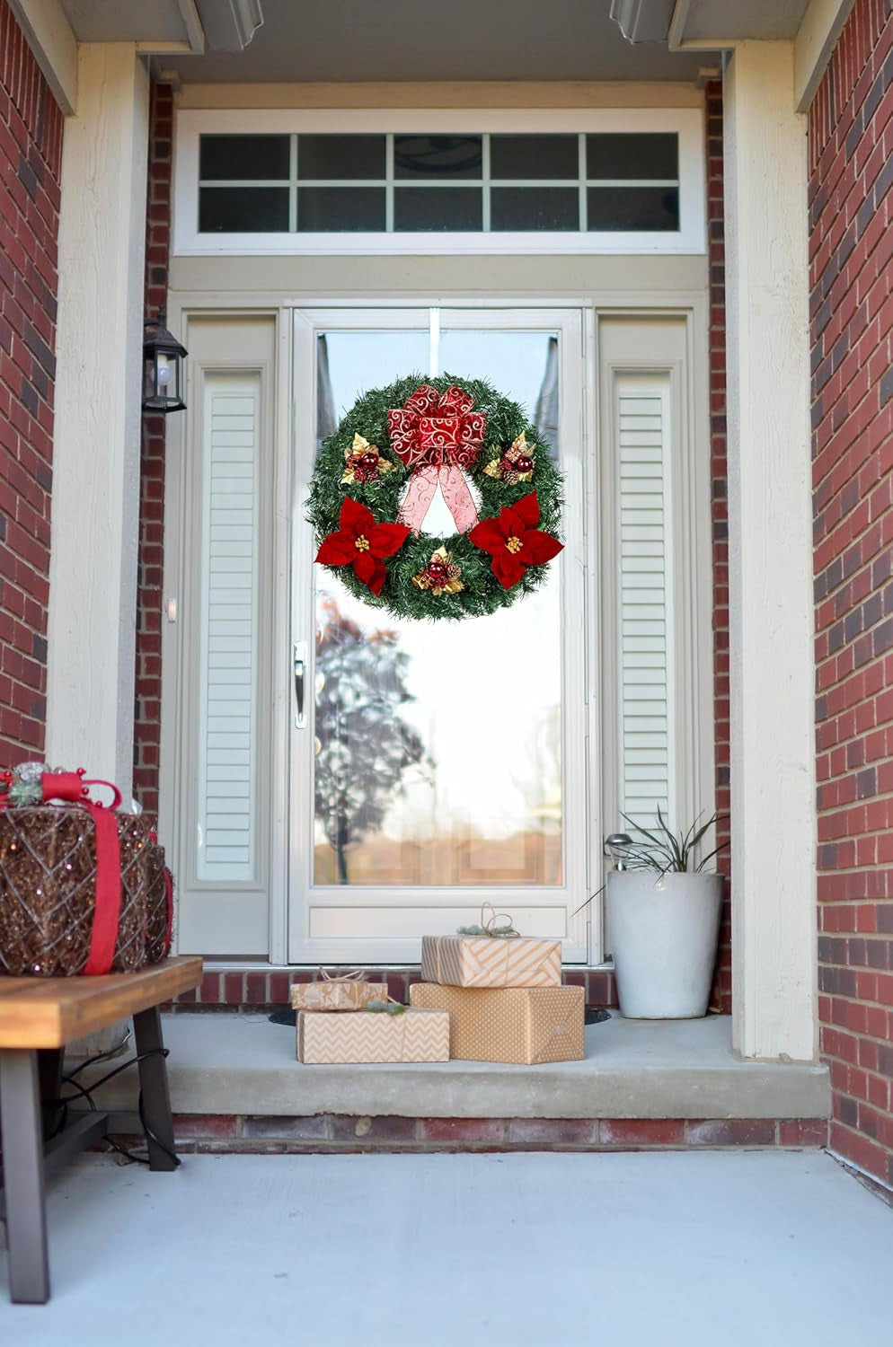 Gorgeous 24-Inch Christmas Wreath - Lush Artificial Greenery Adorned with Red Poinsettias, Gold Leaf Accents, and a Sparkling Glitter Bow - Ideal for Your Front Door Décor!