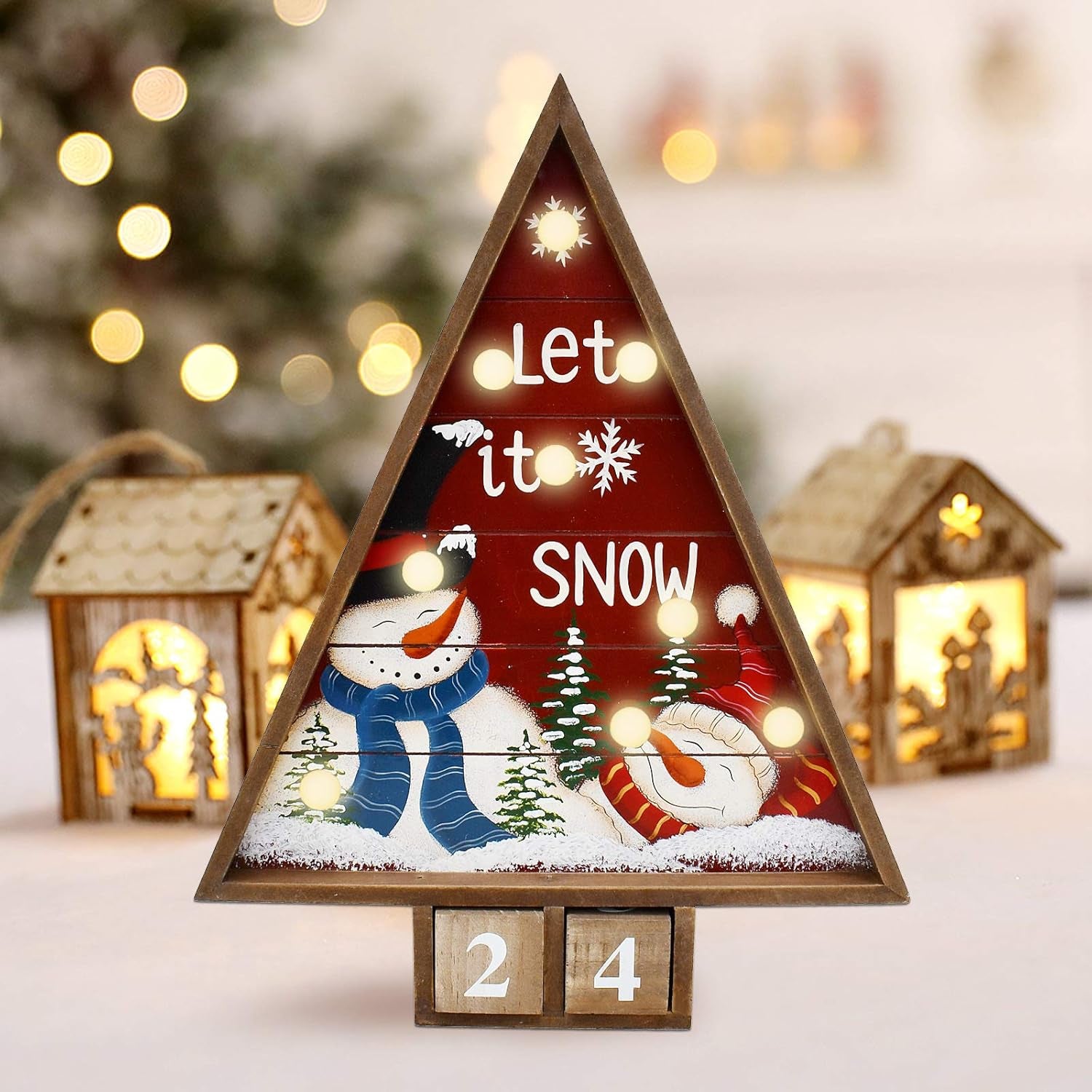 Charming Rustic Wooden Advent Countdown Calendar with Lights - Whimsical Snowman Design for Festive Holiday Cheer - Perfect Tabletop Decoration to Count Down to Christmas!
