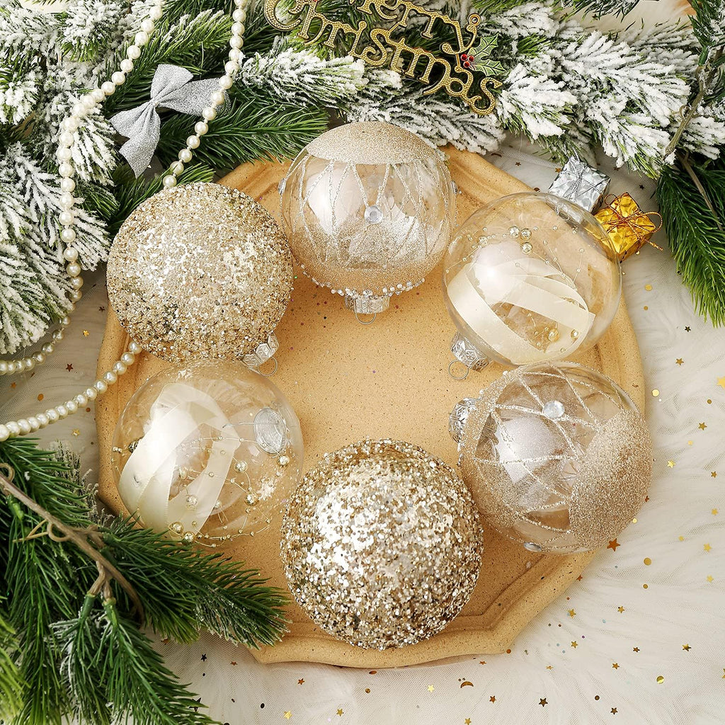 Elevate Your Holiday Spirit with Our Elegant Champagne Gold Christmas Ball Ornaments Set - 6 Large Shatterproof Decorations for a Stunning Tree Display (100mm/4")