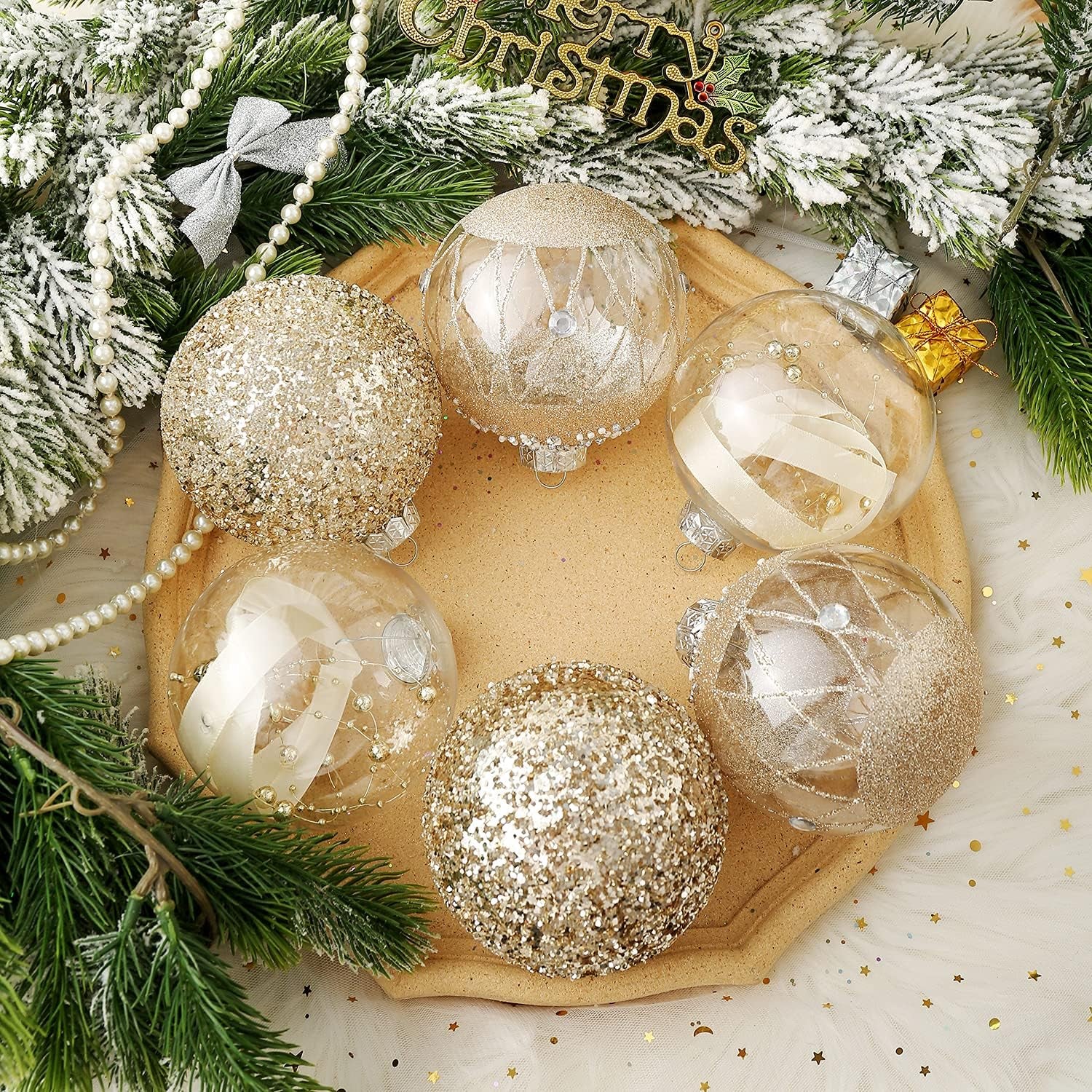 Elevate Your Holiday Spirit with Our Elegant Champagne Gold Christmas Ball Ornaments Set - 6 Large Shatterproof Decorations for a Stunning Tree Display (100mm/4")