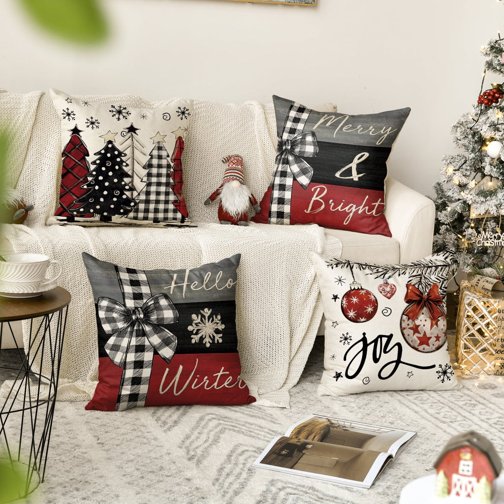 Elevate Your Outdoor Decor with the Merry Bright Hello Winter Christmas Trees Pillow Covers - 18x18 Inch Set of 4 for a Festive Touch!