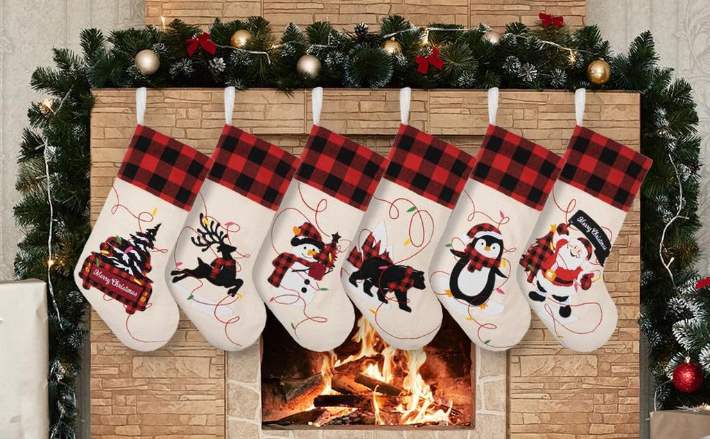 Christmas Stockings Set of 4 Large Family Xmas Stocking 20" Silhouette Buffalo Red Plaid Fireplace Hanging Holiday Decor 4 Pack