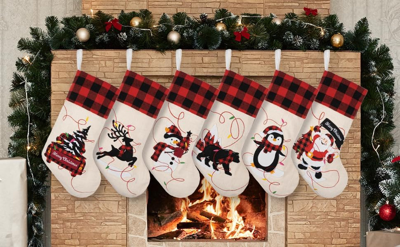 Christmas Stockings Set of 4 Large Family Xmas Stocking 20" Silhouette Buffalo Red Plaid Fireplace Hanging Holiday Decor 4 Pack