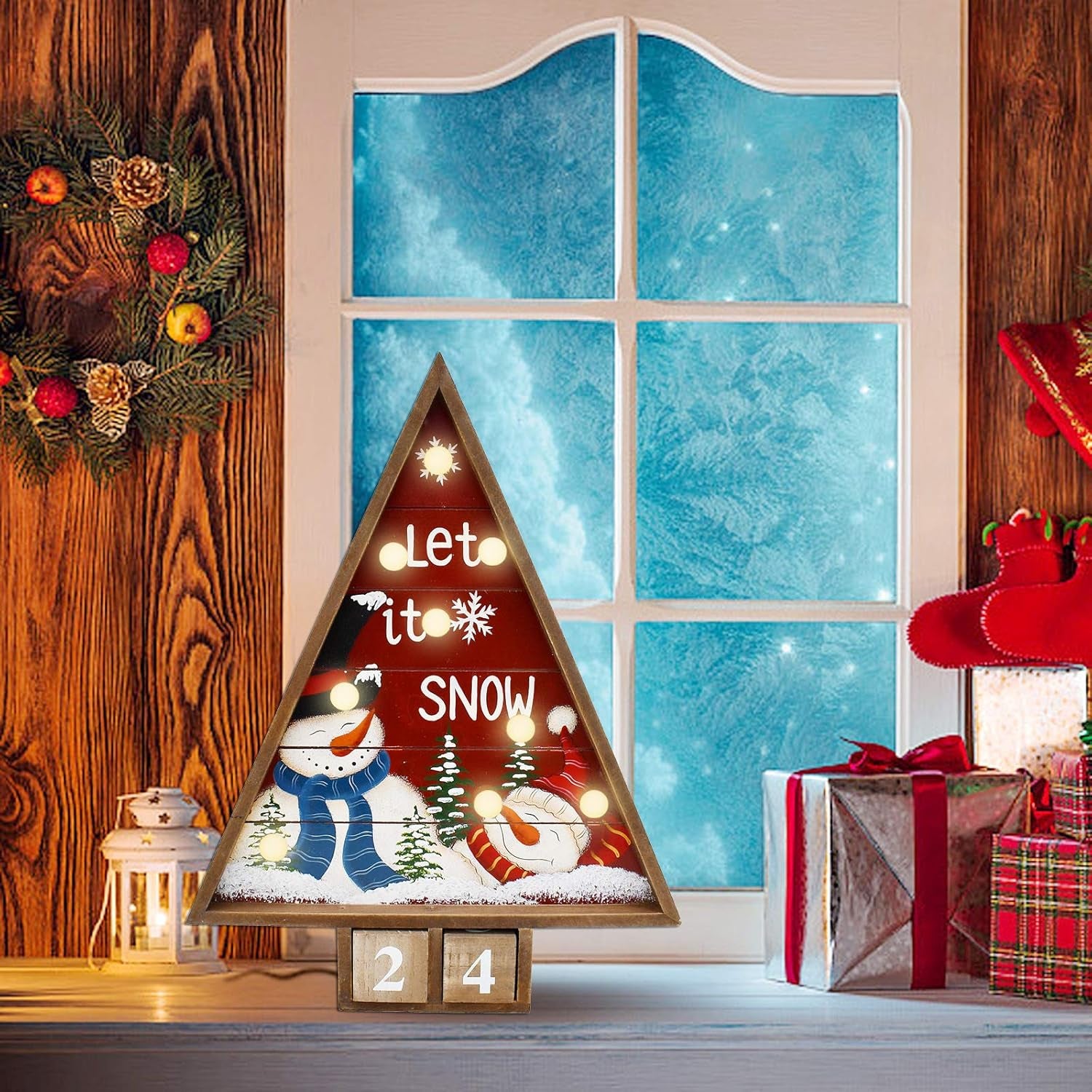 Charming Rustic Wooden Advent Countdown Calendar with Lights - Whimsical Snowman Design for Festive Holiday Cheer - Perfect Tabletop Decoration to Count Down to Christmas!