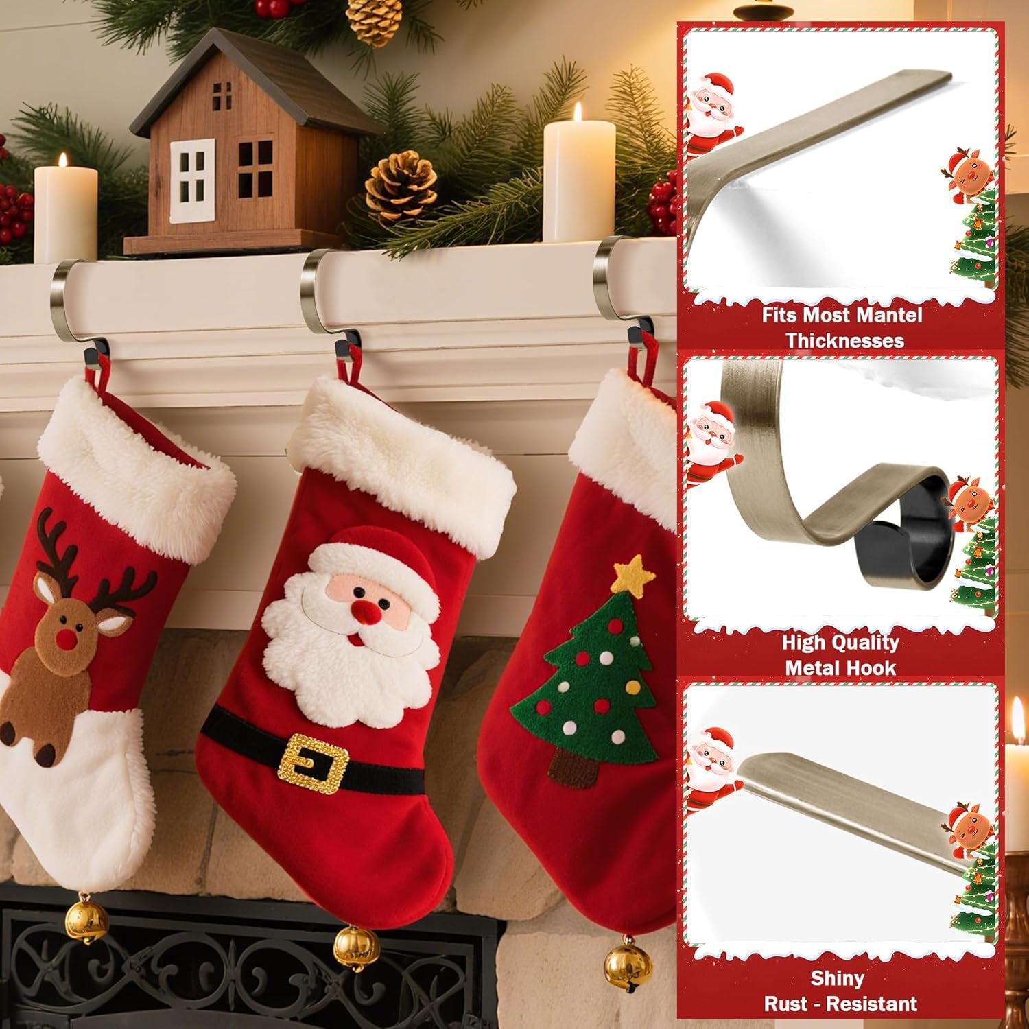 Chic Brass Christmas Stocking Holders - Set of 6 Stylish Mantle Clips for Your Festive Fireplace