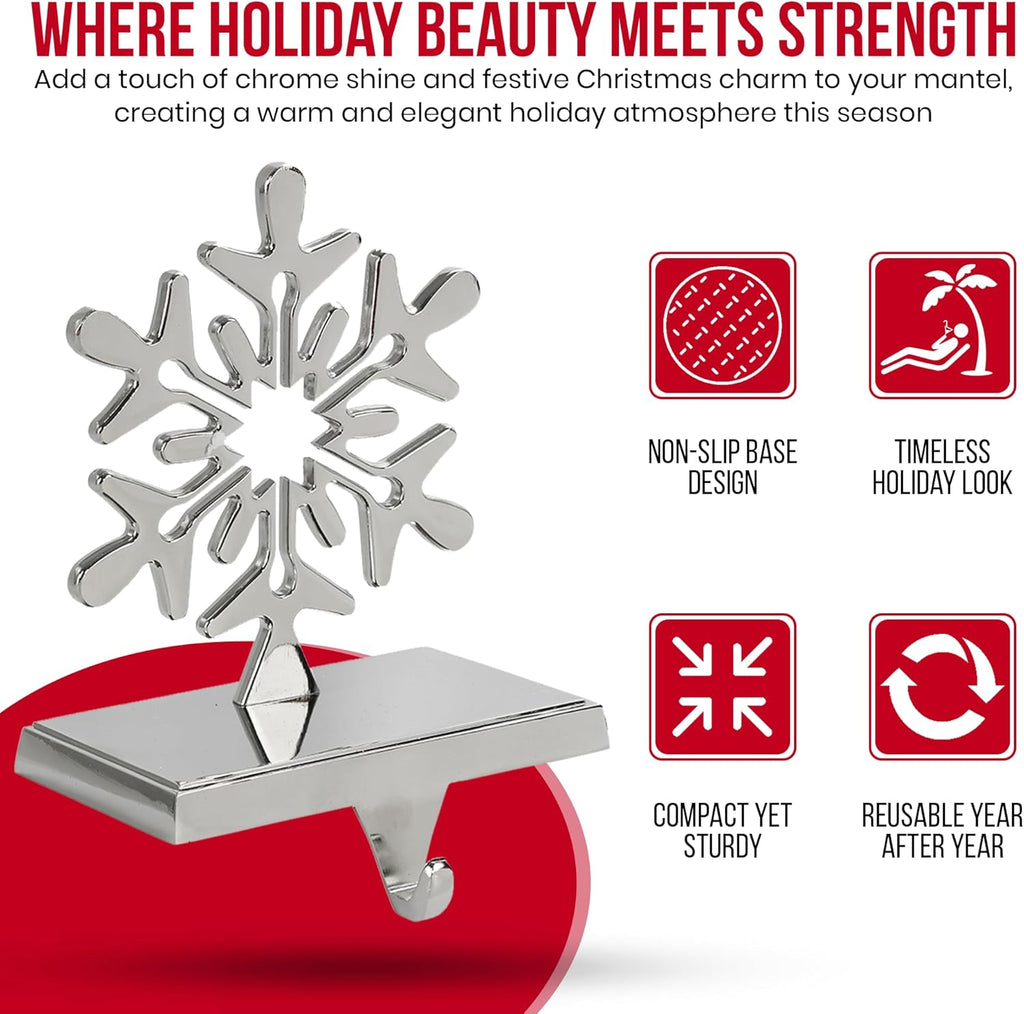 Elevate Your Holiday Decor with Stylish 4-Pack Chrome Snowflake Stocking Holders - Perfectly Weighted for a Festive Fireplace