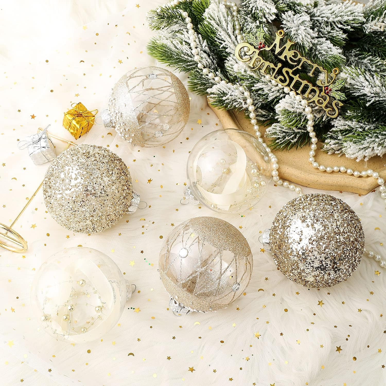 Elevate Your Holiday Spirit with Our Elegant Champagne Gold Christmas Ball Ornaments Set - 6 Large Shatterproof Decorations for a Stunning Tree Display (100mm/4")