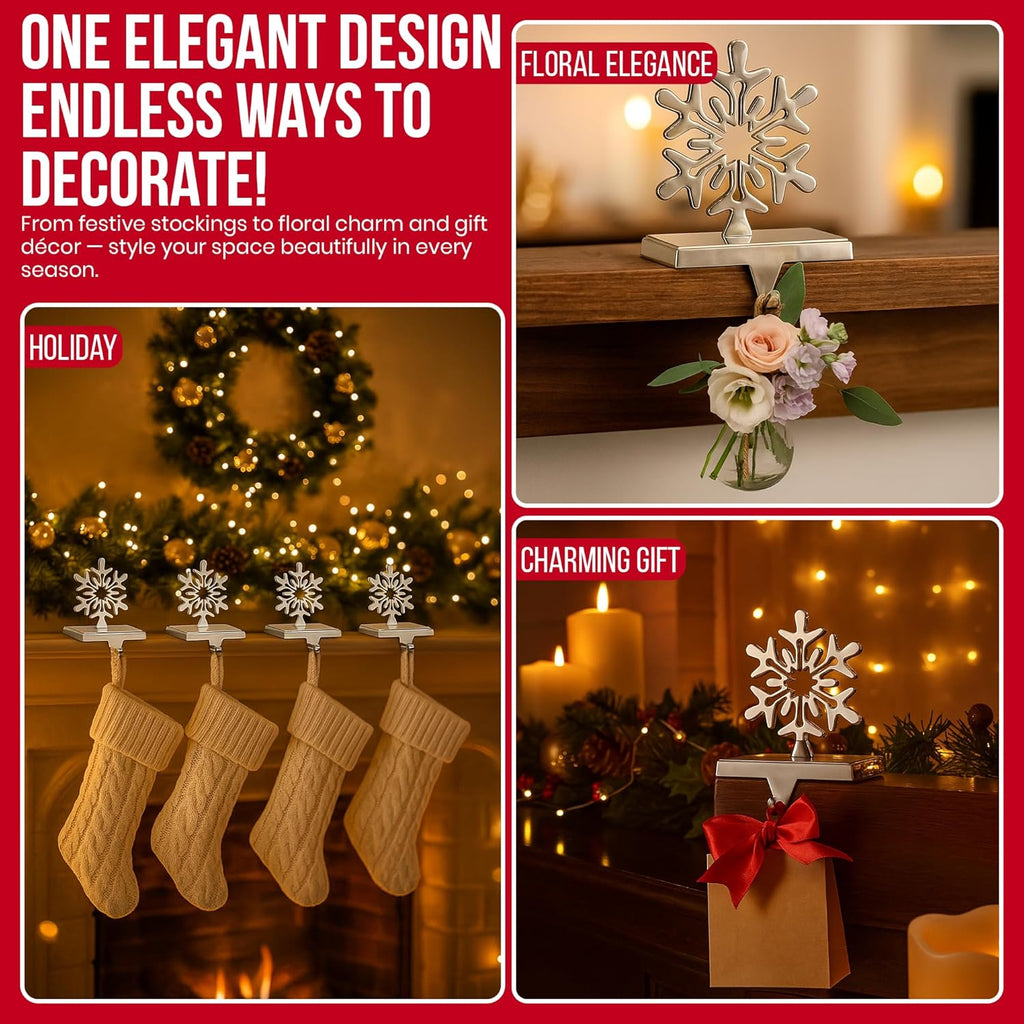 Elevate Your Holiday Decor with Stylish 4-Pack Chrome Snowflake Stocking Holders - Perfectly Weighted for a Festive Fireplace