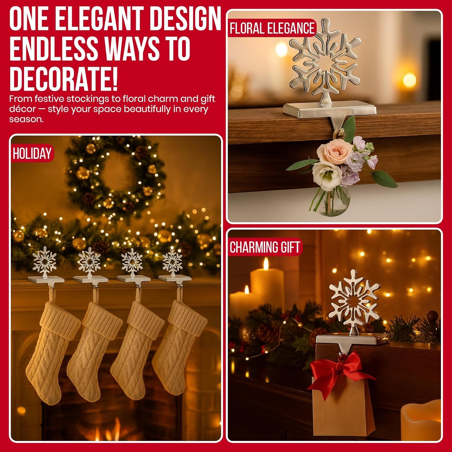 Elevate Your Holiday Decor with Stylish 4-Pack Chrome Snowflake Stocking Holders - Perfectly Weighted for a Festive Fireplace