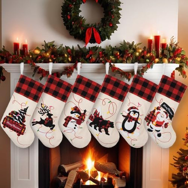 Christmas Stockings Set of 4 Large Family Xmas Stocking 20" Silhouette Buffalo Red Plaid Fireplace Hanging Holiday Decor 4 Pack