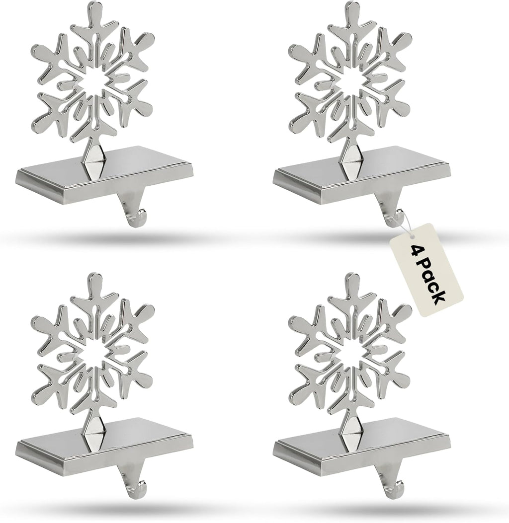 Elevate Your Holiday Decor with Stylish 4-Pack Chrome Snowflake Stocking Holders - Perfectly Weighted for a Festive Fireplace