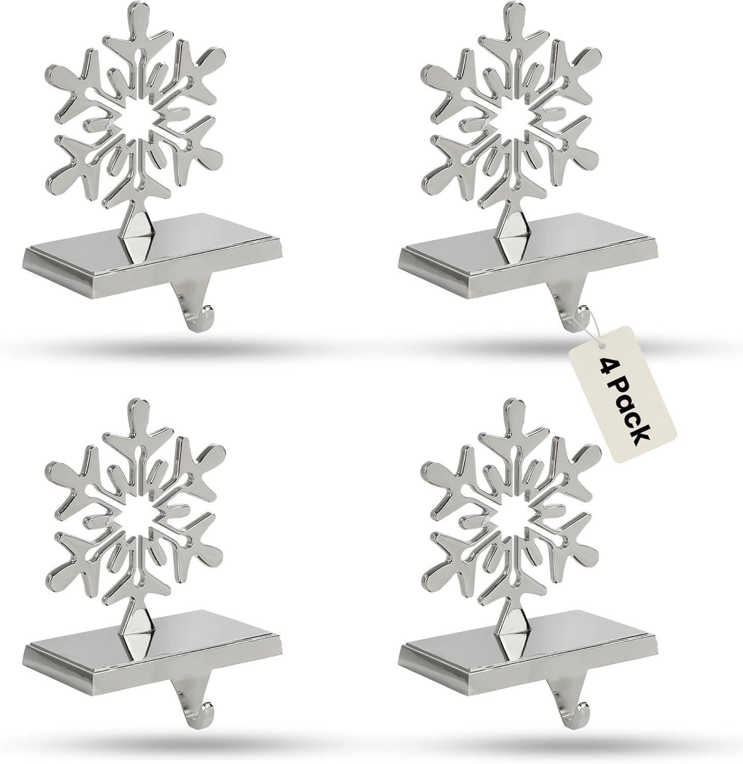 Elevate Your Holiday Decor with Stylish 4-Pack Chrome Snowflake Stocking Holders - Perfectly Weighted for a Festive Fireplace