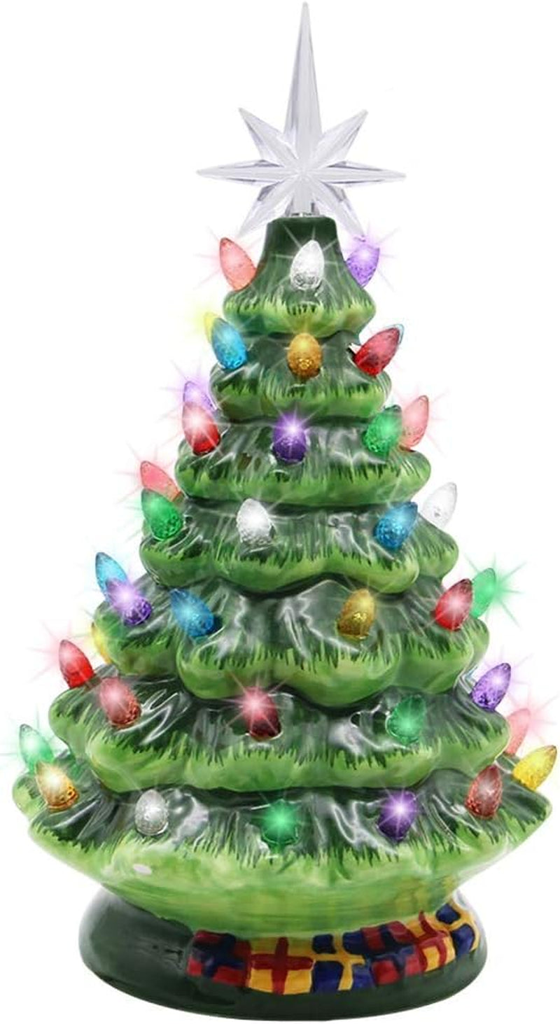 Illuminate Your Holidays with a Stunning 10" Green Ceramic Christmas Tree Featuring 54 Colorful Lights and a Charming Star Topper - The Perfect Tabletop Decoration for Festive Cheer