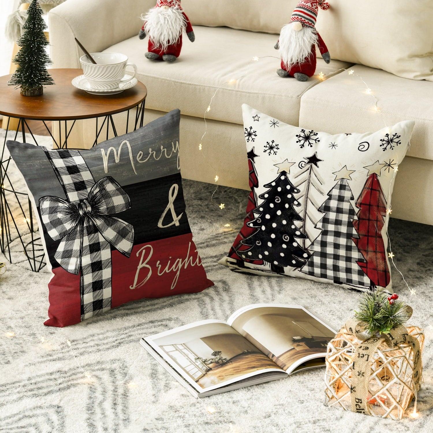 Elevate Your Outdoor Decor with the Merry Bright Hello Winter Christmas Trees Pillow Covers - 18x18 Inch Set of 4 for a Festive Touch!