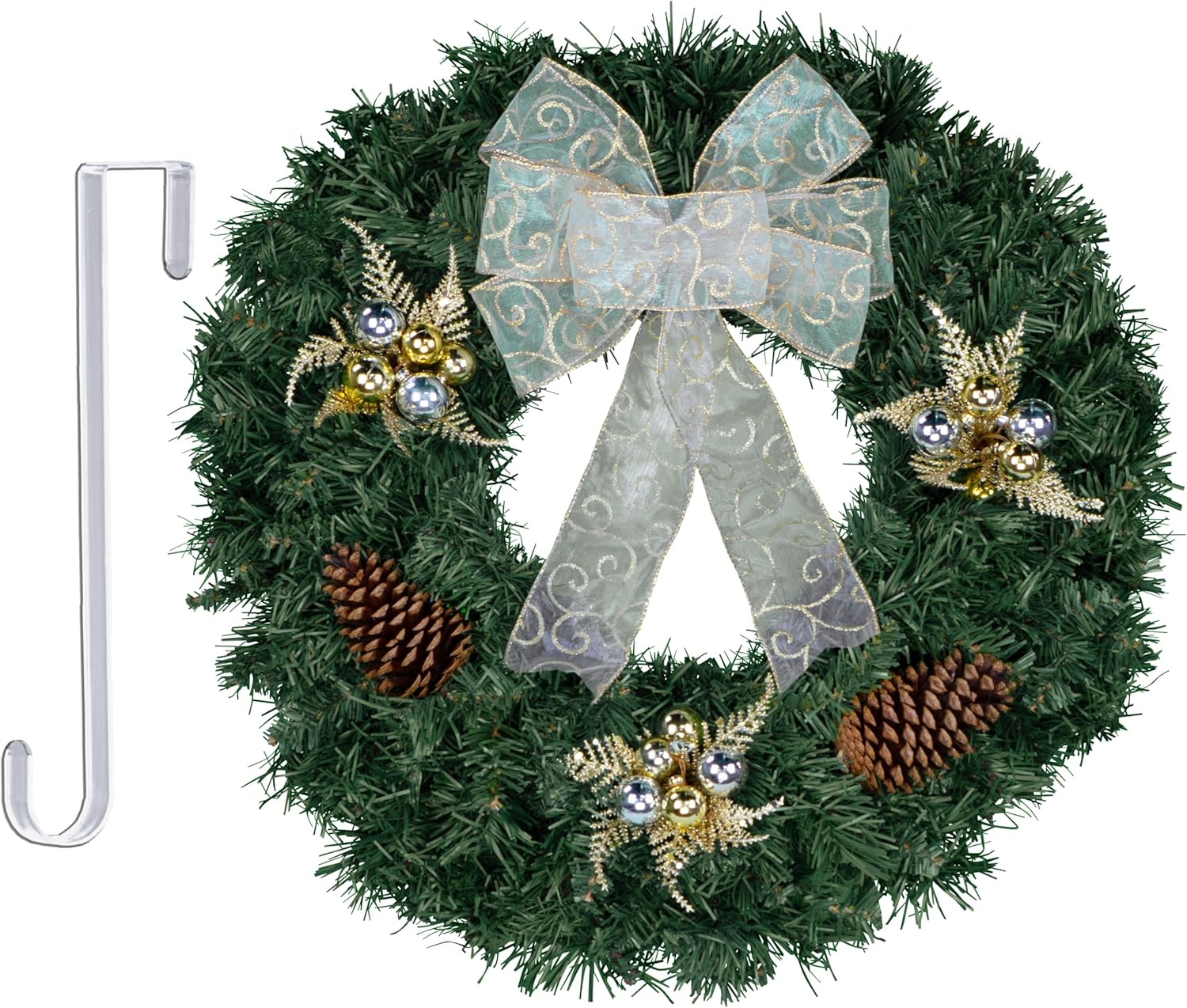 Gorgeous 24-Inch Christmas Wreath - Lush Artificial Greenery Adorned with Red Poinsettias, Gold Leaf Accents, and a Sparkling Glitter Bow - Ideal for Your Front Door Décor!