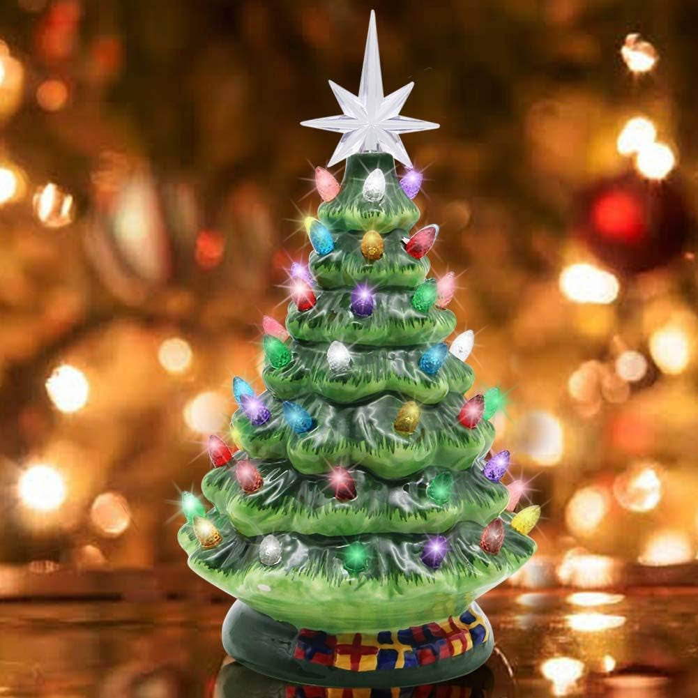 Illuminate Your Holidays with a Stunning 10" Green Ceramic Christmas Tree Featuring 54 Colorful Lights and a Charming Star Topper - The Perfect Tabletop Decoration for Festive Cheer