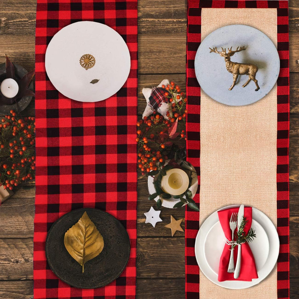Chic Reversible Buffalo Plaid Table Runner - Elevate Your Holiday Dining with Stylish Burlap & Cotton Decor