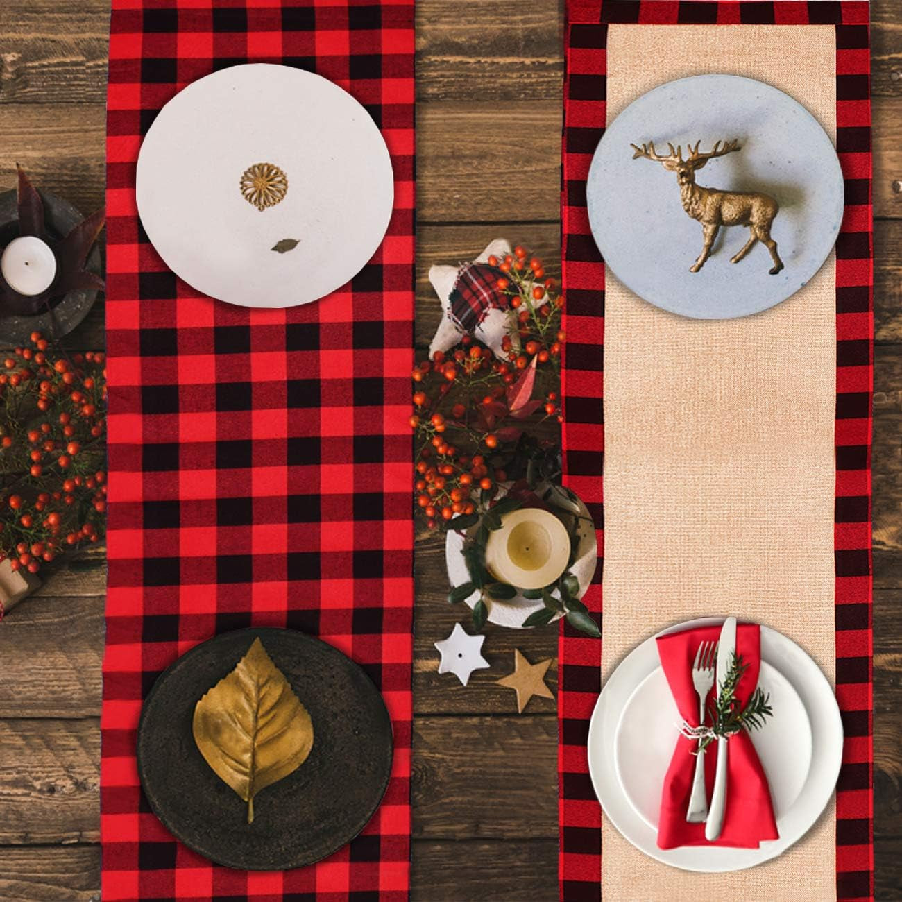 Chic Reversible Buffalo Plaid Table Runner - Elevate Your Holiday Dining with Stylish Burlap & Cotton Decor