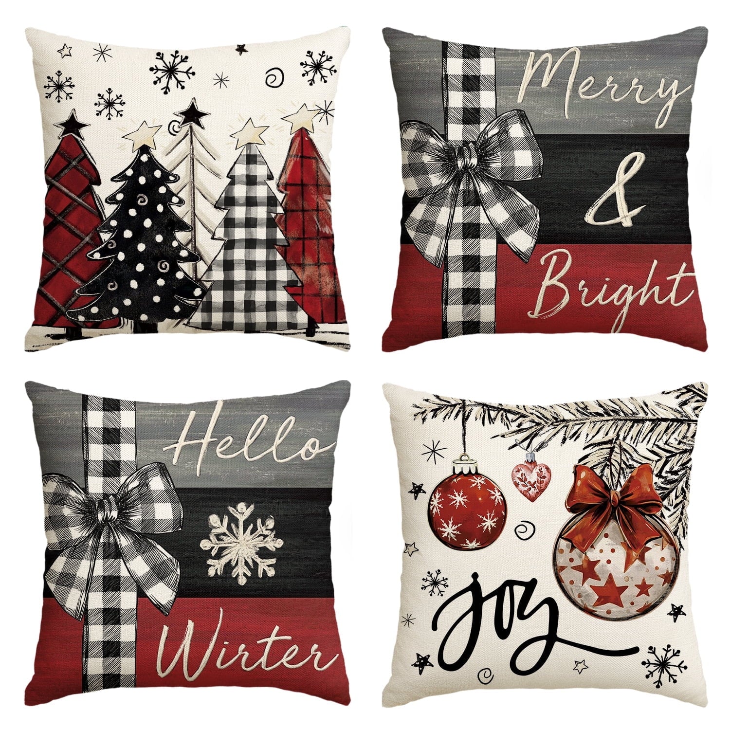 Elevate Your Outdoor Decor with the Merry Bright Hello Winter Christmas Trees Pillow Covers - 18x18 Inch Set of 4 for a Festive Touch!