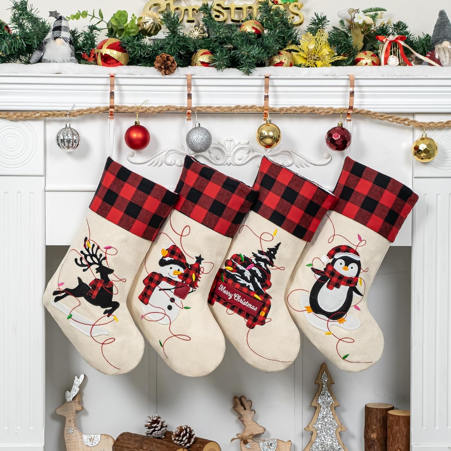 Christmas Stockings Set of 4 Large Family Xmas Stocking 20" Silhouette Buffalo Red Plaid Fireplace Hanging Holiday Decor 4 Pack