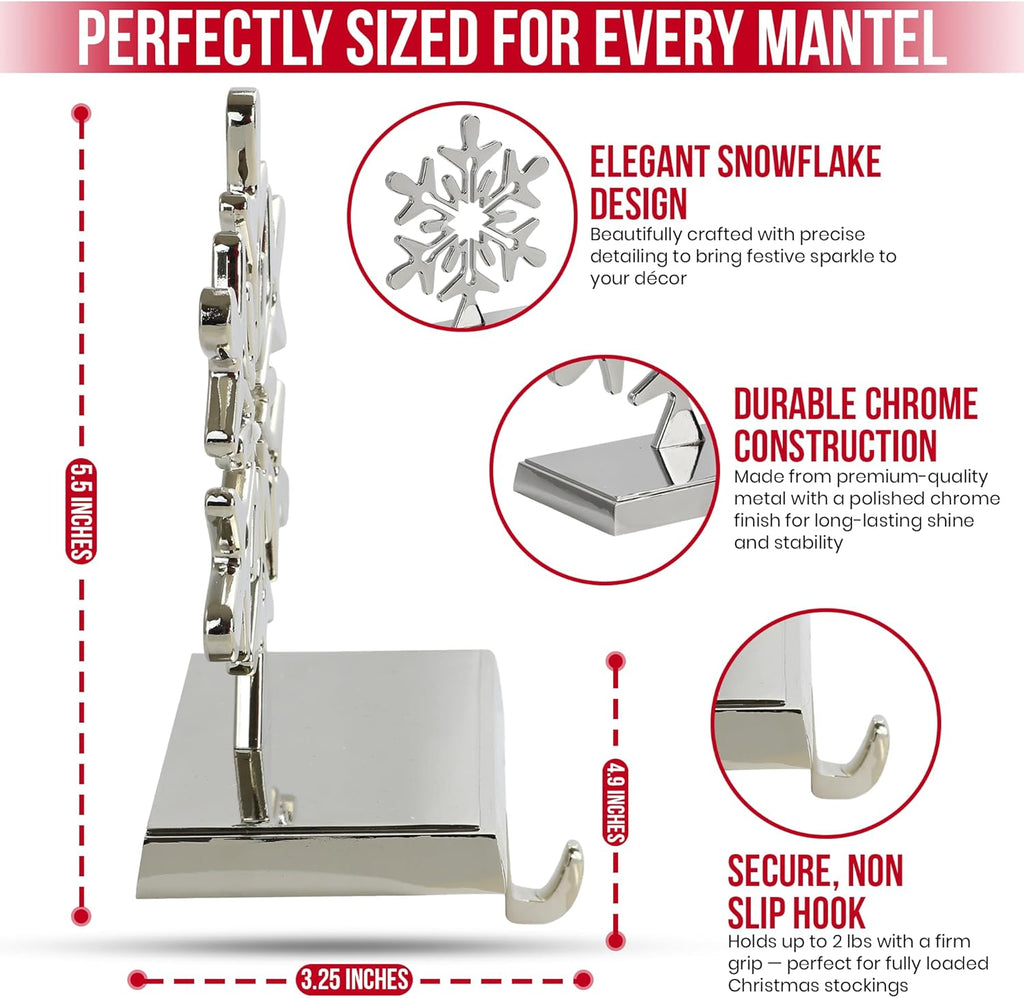 Elevate Your Holiday Decor with Stylish 4-Pack Chrome Snowflake Stocking Holders - Perfectly Weighted for a Festive Fireplace