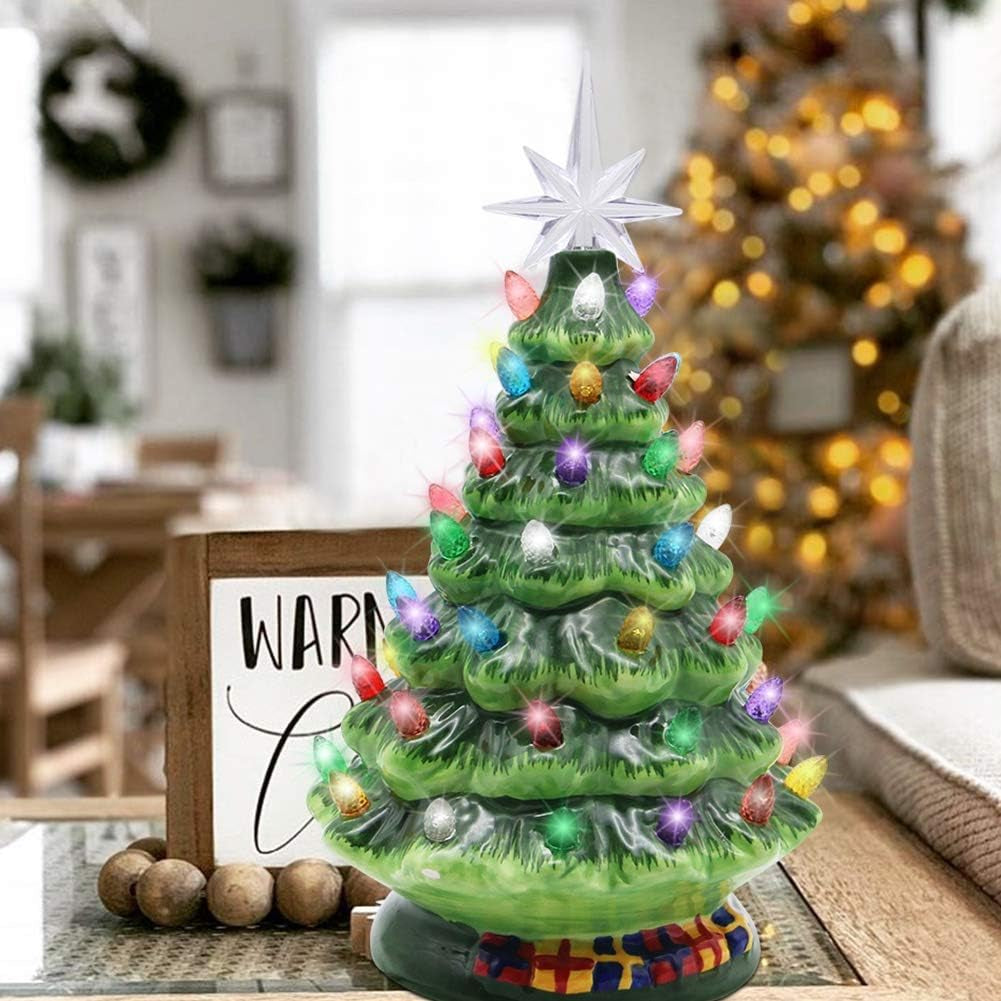 Illuminate Your Holidays with a Stunning 10" Green Ceramic Christmas Tree Featuring 54 Colorful Lights and a Charming Star Topper - The Perfect Tabletop Decoration for Festive Cheer