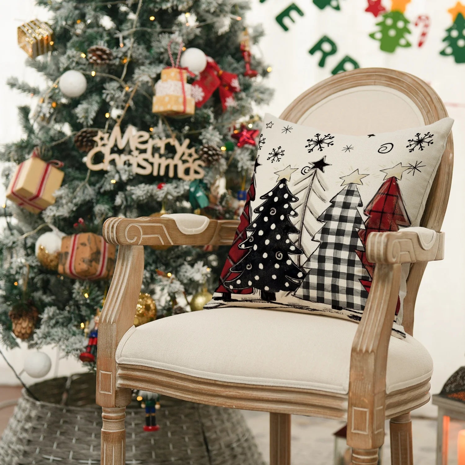 Elevate Your Outdoor Decor with the Merry Bright Hello Winter Christmas Trees Pillow Covers - 18x18 Inch Set of 4 for a Festive Touch!