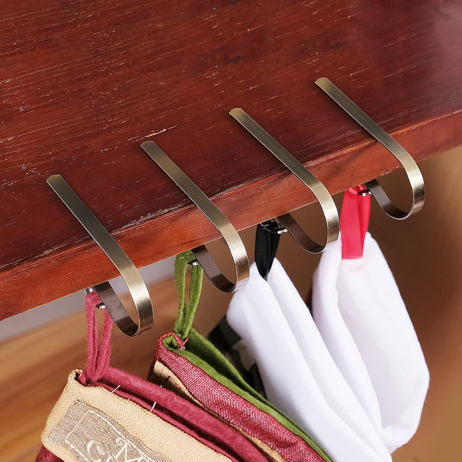 Chic Brass Christmas Stocking Holders - Set of 6 Stylish Mantle Clips for Your Festive Fireplace