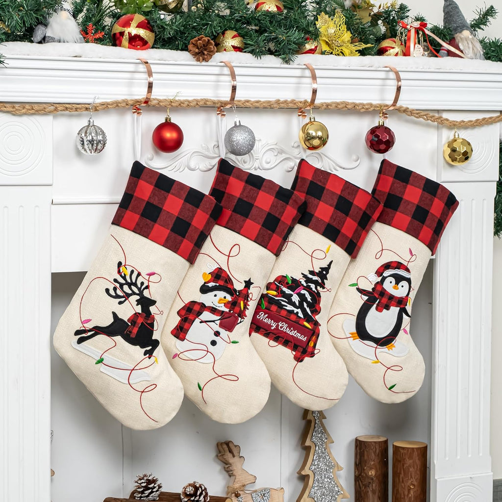 Christmas Stockings Set of 4 Large Family Xmas Stocking 20" Silhouette Buffalo Red Plaid Fireplace Hanging Holiday Decor 4 Pack