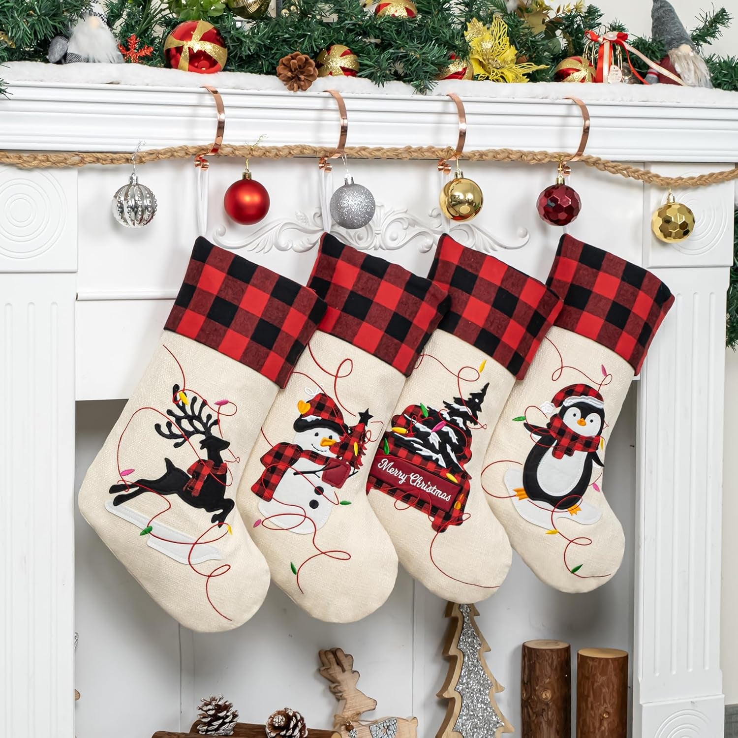 Christmas Stockings Set of 4 Large Family Xmas Stocking 20" Silhouette Buffalo Red Plaid Fireplace Hanging Holiday Decor 4 Pack