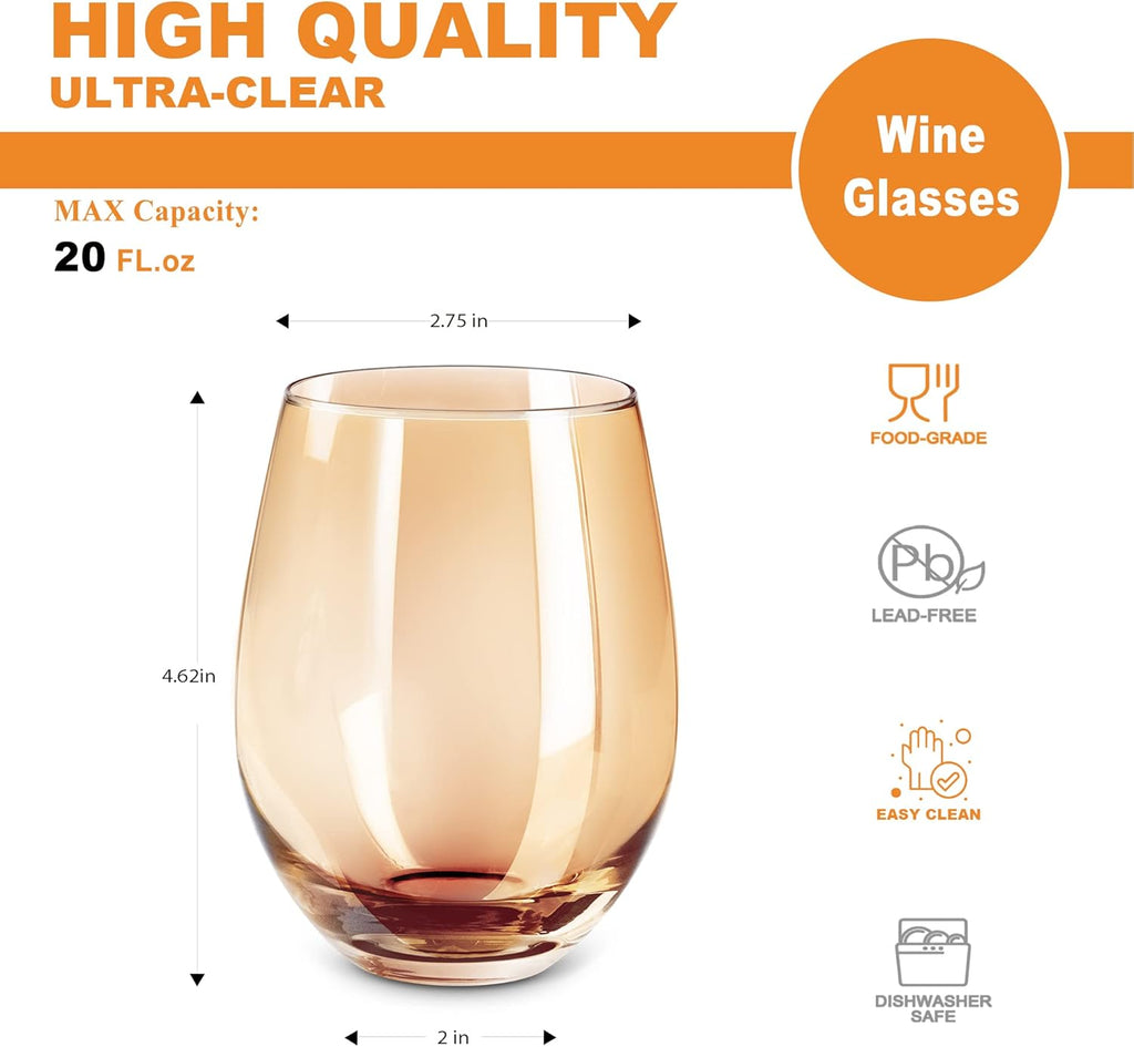 Stylish Amber Stemless Wine Glasses - Set of 4 (20 oz) for Elegant Entertaining and Everyday Use