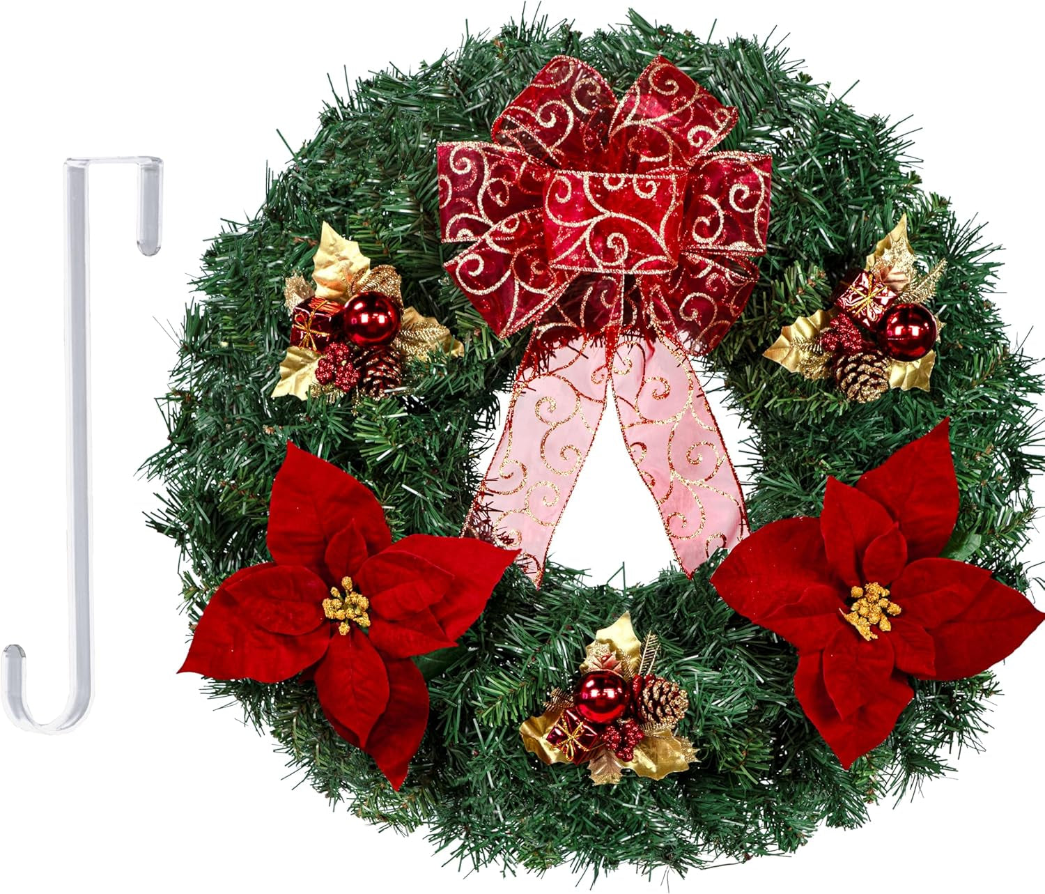 Gorgeous 24-Inch Christmas Wreath - Lush Artificial Greenery Adorned with Red Poinsettias, Gold Leaf Accents, and a Sparkling Glitter Bow - Ideal for Your Front Door Décor!